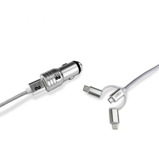 Subblim Cargador de Coche 2xUSB + Cable USB 3 en 1 Lightning/MicroUSB/USB-C Plata