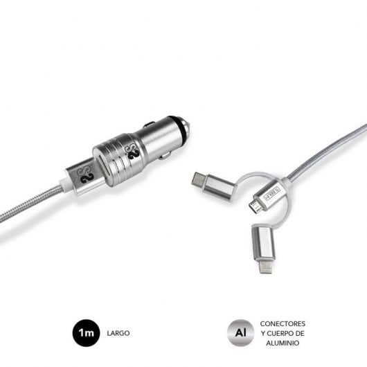 Subblim Autoladegerät 2xUSB + USB-Kabel 3 in 1 Lightning/MicroUSB/USB-C Silber
