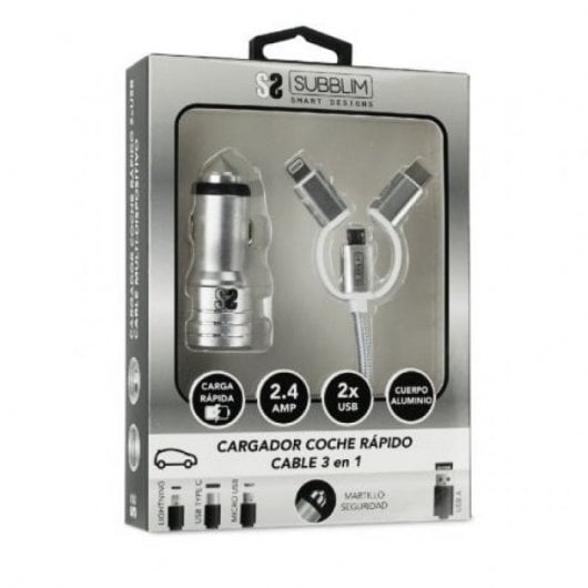 Subblim Autoladegerät 2xUSB + USB-Kabel 3 in 1 Lightning/MicroUSB/USB-C Silber