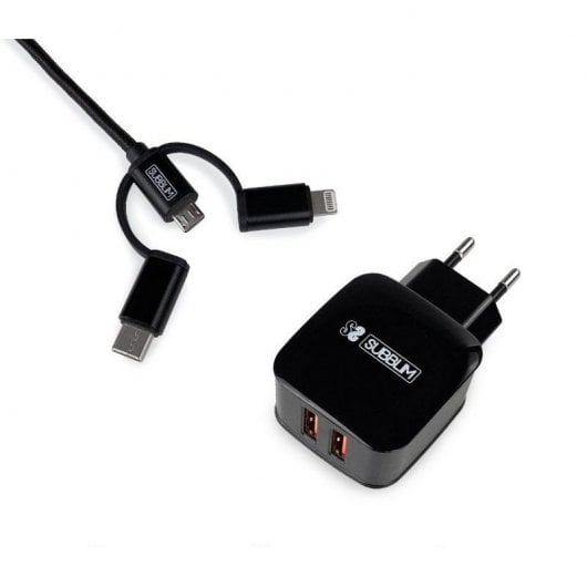 Subblim Cargador 2xUSB  2.4A + Cable 3 en 1 MicroUSB/USB-C/Lightning Negro