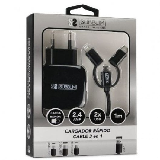 Subblim Caricatore 2xUSB 2.4A + Cavo MicroUSB/USB-C/Lightning 3 in 1 Nero