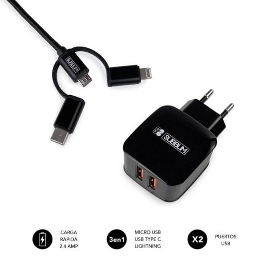 Subblim Caricatore 2xUSB 2.4A + Cavo MicroUSB/USB-C/Lightning 3 in 1 Nero