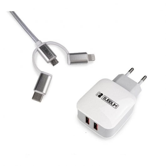 Subblim Caricatore 2xUSB 2.4A + Cavo MicroUSB/USB-C/Lightning 3 in 1 Bianco