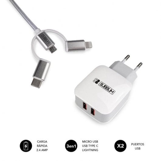 Subblim Caricatore 2xUSB 2.4A + Cavo MicroUSB/USB-C/Lightning 3 in 1 Bianco