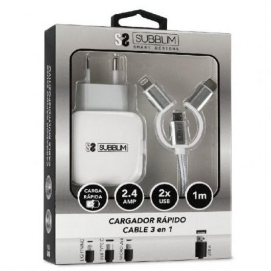 Subblim Caricatore 2xUSB 2.4A + Cavo MicroUSB/USB-C/Lightning 3 in 1 Bianco