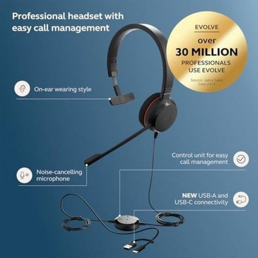 Auriculares Jabra Evolve 20 Mono con cable USB-C para oficina con Cancelación de Ruido, micrófono y diadema ajustable, negro