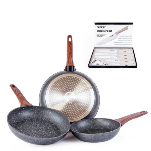 Cloen Laura Set de Sartenes Aluminio 20/24/28cm + Set de Cuchillos Chef Acero Inox