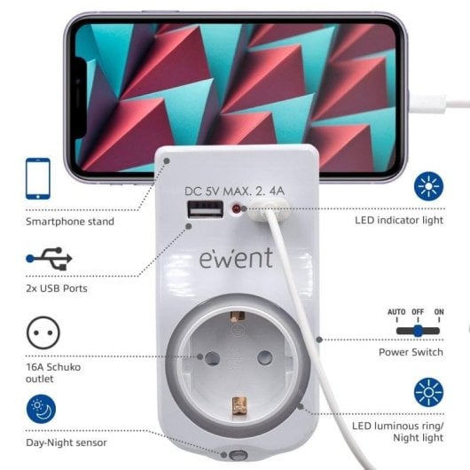 Prise intelligente Ewent EW1225 2 ports USB Support téléphone et veilleuse
