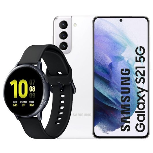 Samsung Pack Galaxy S21 5G 256GB Blanco Libre + Galaxy Watch Active2 Bluetooth 44 mm Aluminio Negro
