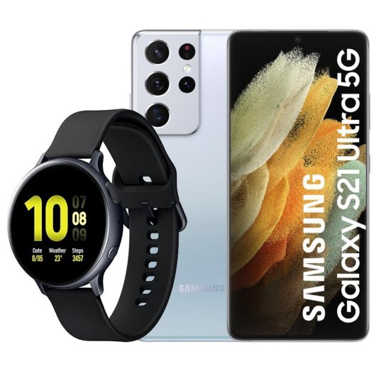 Samsung Pack Galaxy S21 Ultra 5G 512GB Plata Libre + Galaxy Watch Active2 Bluetooth 44 mm Aluminio Negro