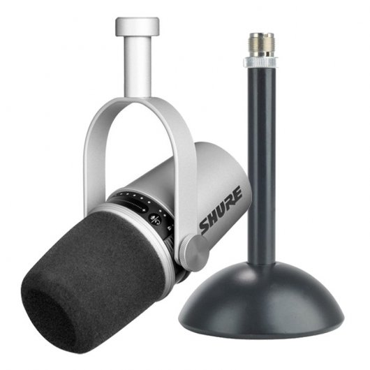 Pack Shure MV7 Micrófono Dinámico para Podcast XLR/USB Plateado + Euromet Soporte de Sobremesa