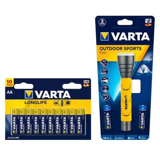Varta Pack de Linterna Outdoor LED de 5 W + Longlife Pack de 10 Pilas Alcalinas AA LR6 1.5V