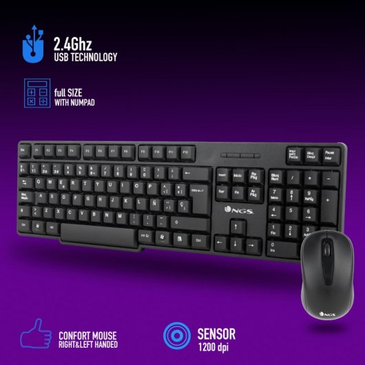 NGS Euphoria Kit Teclado Qwerty Español + Ratón Inalámbricos 2.4 GHz Negro