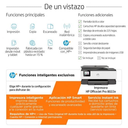HP OfficeJet Pro 8022e Impresora Multifunción Wifi + 6 Meses de Impresión Instant Ink con HP+