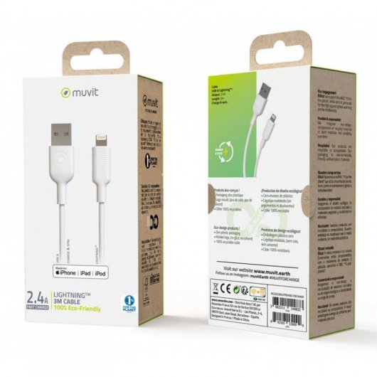 Muvit Cable USB a Lightning Macho/Macho 3m Blanco