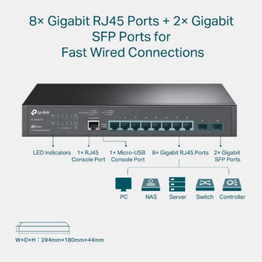 Switch gerenciado TP-Link TL-SG3210 8 portas Gigabit L2 Lite JetStream com 2 slots SFP