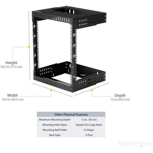StarTech.com Rack serveur mural 12U - Armoire réseau à cadre ouvert - Profondeur de 30 à 50 cm