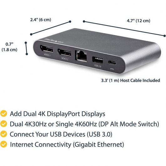 StarTech.com Dock USB-C à double affichage Displayport 4K - Mini Station d'Accueil - Power Delivery Passthrough 100 W - GbE - Hub USB-A 2 Ports - Adaptateur Multiport USB Type C - Câble 1m