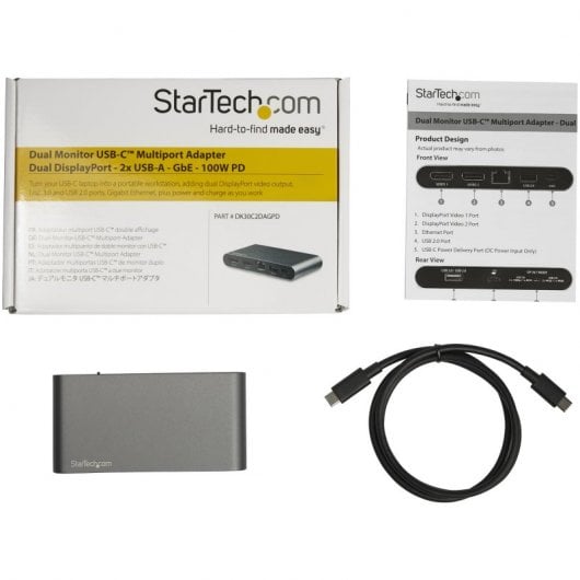 StarTech.com Dock USB-C à double affichage Displayport 4K - Mini Station d'Accueil - Power Delivery Passthrough 100 W - GbE - Hub USB-A 2 Ports - Adaptateur Multiport USB Type C - Câble 1m
