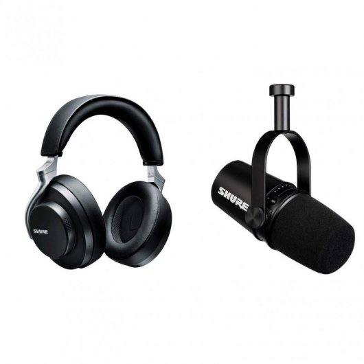 Shure MV7 Microfone Dinâmico para Podcast XLR/USB Preto + AONIC 50 Auscultadores Sem Fios com Cancelamento de Ruído Pretos