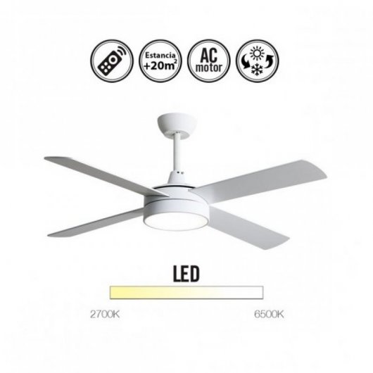 Ventilateur de plafond Fabrilamp Nevery avec éclairage LED et télécommande, pales réversibles, 65 W, blanc/hêtre