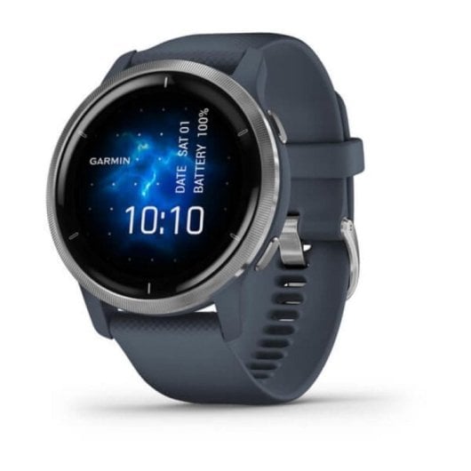 Garmin Venu 2 GPS WiFi 45mm AMOLED Bleu Granite Boîtier Argent Taille Unique Étanche 5 ATM SpO2 Pulsomètre