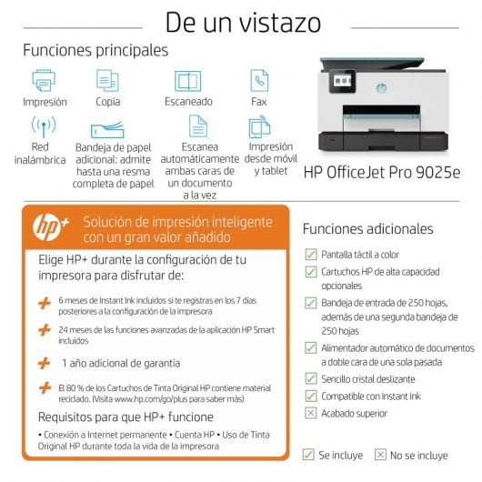 HP OfficeJet Pro 9025e Multifunción WiFi Negra + 6 Meses de Impresión Instant Ink con HP+