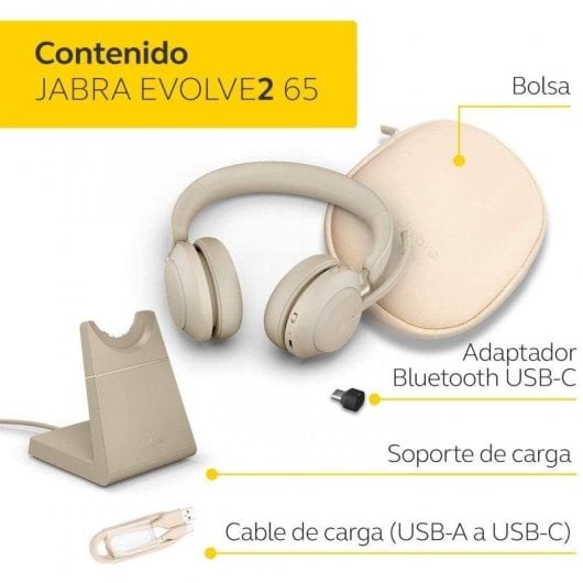 Auriculares Jabra Evolve2 65 Inalámbricos Bluetooth Cancelamento de Ruído Chamadas Profissionais Microfone Busylight Bege