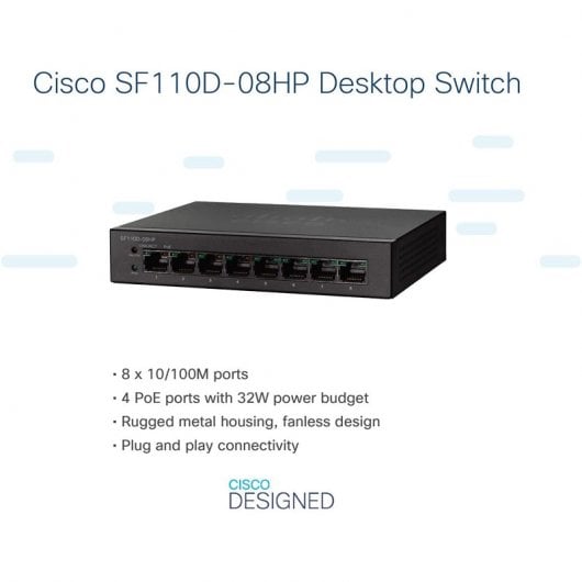 Cisco SF110D-08HP Switch 4 Portas RJ45 10/100 + 4 Portas RJ45 10/100 PoE