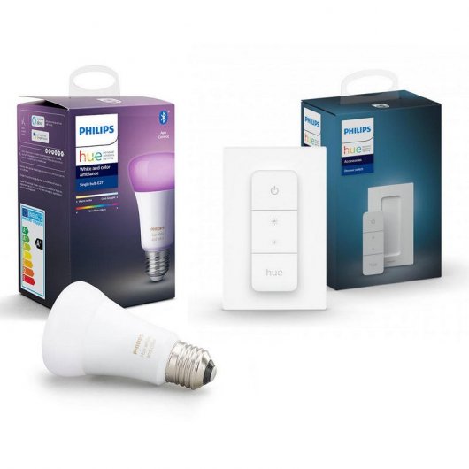 Philips Hue Pack White and Color Ambiance Bombilla LED E27 9W RGB +  Interruptor Atenuador Inalámbrico V2