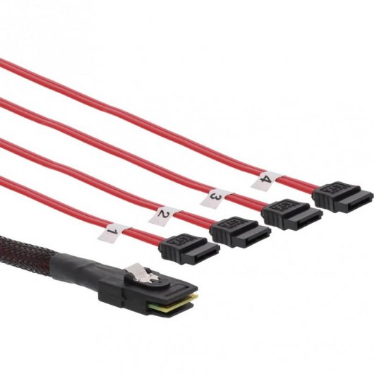 Inline Cable Interno Mini-SAS SFF8087 a 4xSATA 75cm Rojo