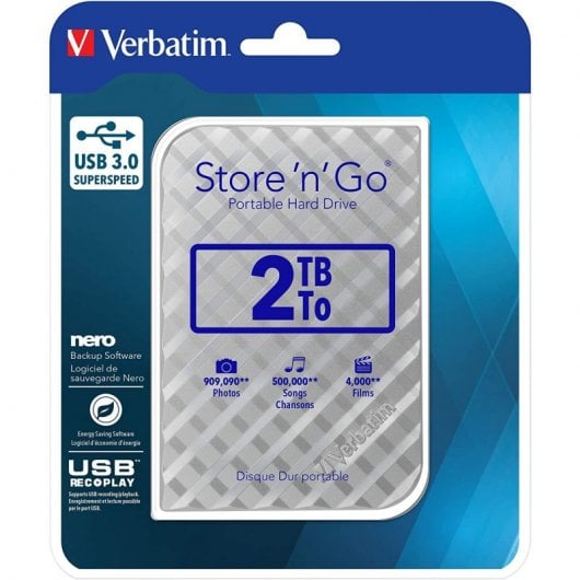 Verbatim Disque dur portable USB Store 'n' Go 3.0, 2 To, Argenté