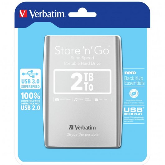 Verbatim Store 'n' Go Disque dur portable USB 3.0, 2 To, Argenté