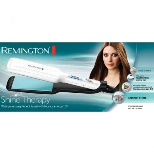 Prancha de Cabelo Cerâmica Remington Shine Therapy S8550 235ºC 10 Definições Placas Largas Desligar Automático Visor Branco