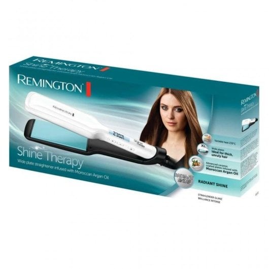 Prancha de Cabelo Cerâmica Remington Shine Therapy S8550 235ºC 10 Definições Placas Largas Desligar Automático Visor Branco