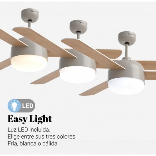 Universal Blue Vento Ventoinha de Teto WiFi com Luz LED e Comando Pás Reversíveis 70W Creme/Madeira/Branca