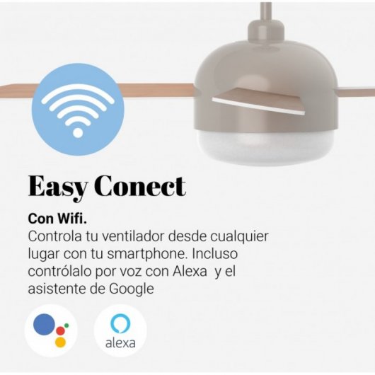 Universal Blue Vento Ventoinha de Teto WiFi com Luz LED e Comando Pás Reversíveis 70W Creme/Madeira/Branca