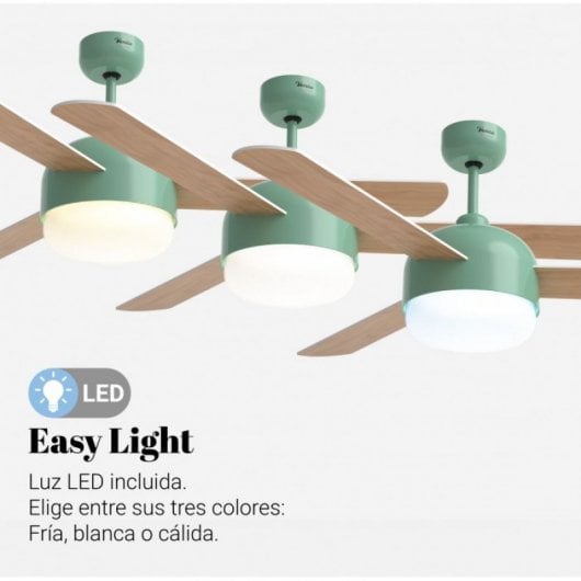 Universal Blue Vento Ventilador de Techo WiFi con Luz LED y Mando Aspas Reversibles 70W Turquesa/Madera/Blanco