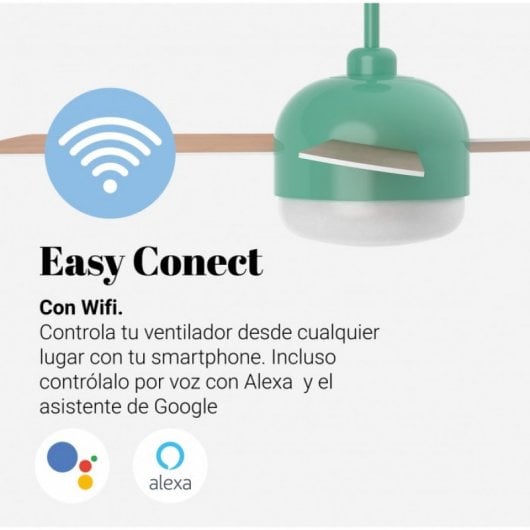 Universal Blue Vento Ventilador de Techo WiFi con Luz LED y Mando Aspas Reversibles 70W Turquesa/Madera/Blanco