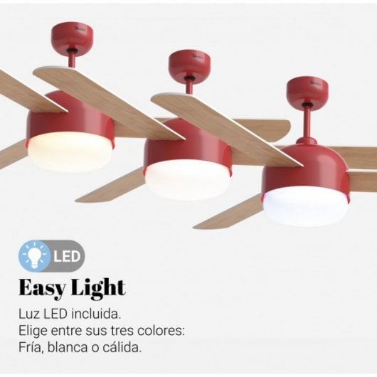 Universal Blue Vento Ventilador de Techo WiFi con Luz LED y Mando Aspas Reversibles 70W Rojo/Madera/Blanco