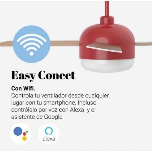 Universal Blue Vento Ventilador de Techo WiFi con Luz LED y Mando Aspas Reversibles 70W Rojo/Madera/Blanco