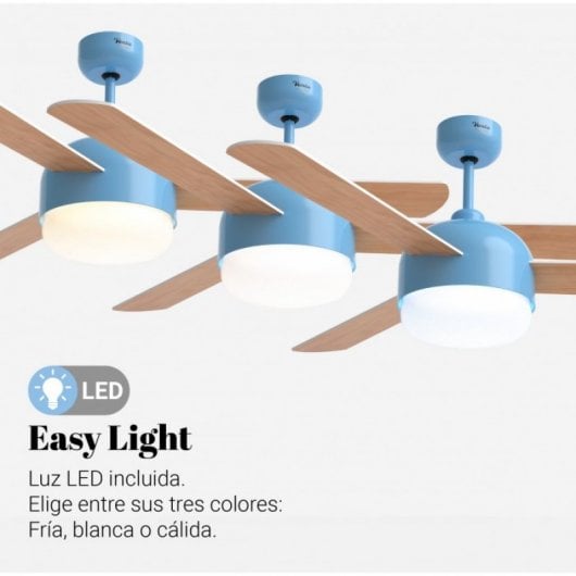 Universal Blue Vento Ventilador de Techo WiFi con Luz LED y Mando Aspas Reversibles 70W Azul/Madera/Blanco