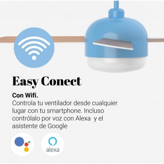 Universal Blue Vento Ventilador de Techo WiFi con Luz LED y Mando Aspas Reversibles 70W Azul/Madera/Blanco