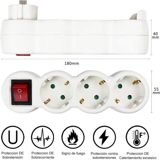 Extrastar Adaptador Tres Tomas Schuko con Interruptor Blanco