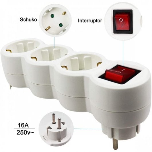 Extrastar Adaptador Tres Tomas Schuko con Interruptor Blanco