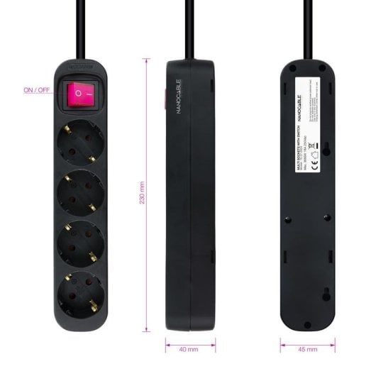 Régua de tomadas Nanocable 4 tomadas com proteção infantil e interruptor 1,4 m preta