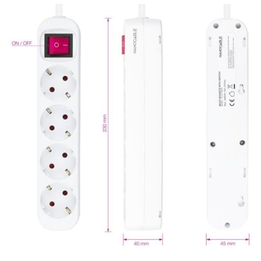 Régua de tomadas Nanocable 4 Tomadas com Proteção Infantil e Interruptor Cabo 1,4 m Branco