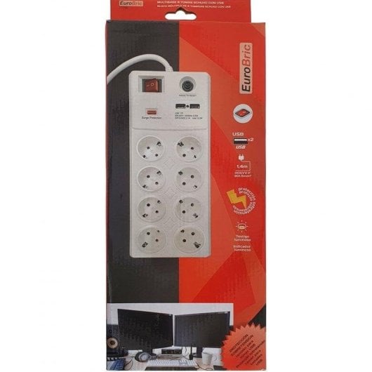 Eurobric Regleta con Protección 8 Tomas Schuko + 2 Puertos USB 1.5m Blanca
