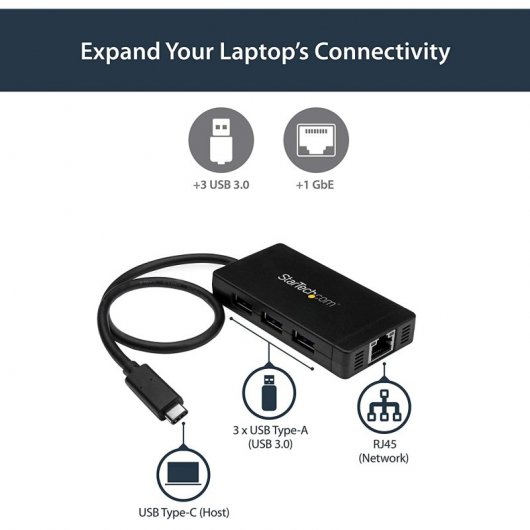 StarTech.com Hub USB-C à 3 ports avec Gigabit Ethernet - USB-C vers 3x USB-A - USB 3.0 - 5Gbps - Adaptateur d'alimentation inclus