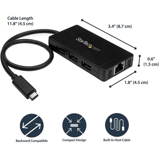 StarTech.com Hub USB-C à 3 ports avec Gigabit Ethernet - USB-C vers 3x USB-A - USB 3.0 - 5Gbps - Adaptateur d'alimentation inclus